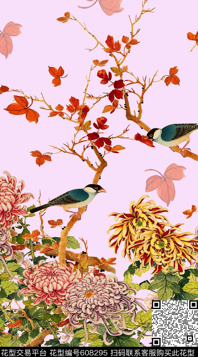 花鸟花朵浪漫花卉数码印花华亿平台下载（图片编号: 608295） - 瓦栏（Walan）