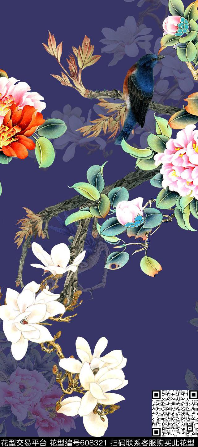 中国风工笔画花鸟画数码印花华亿平台下载（图片编号: 608321） - 瓦栏（Walan）