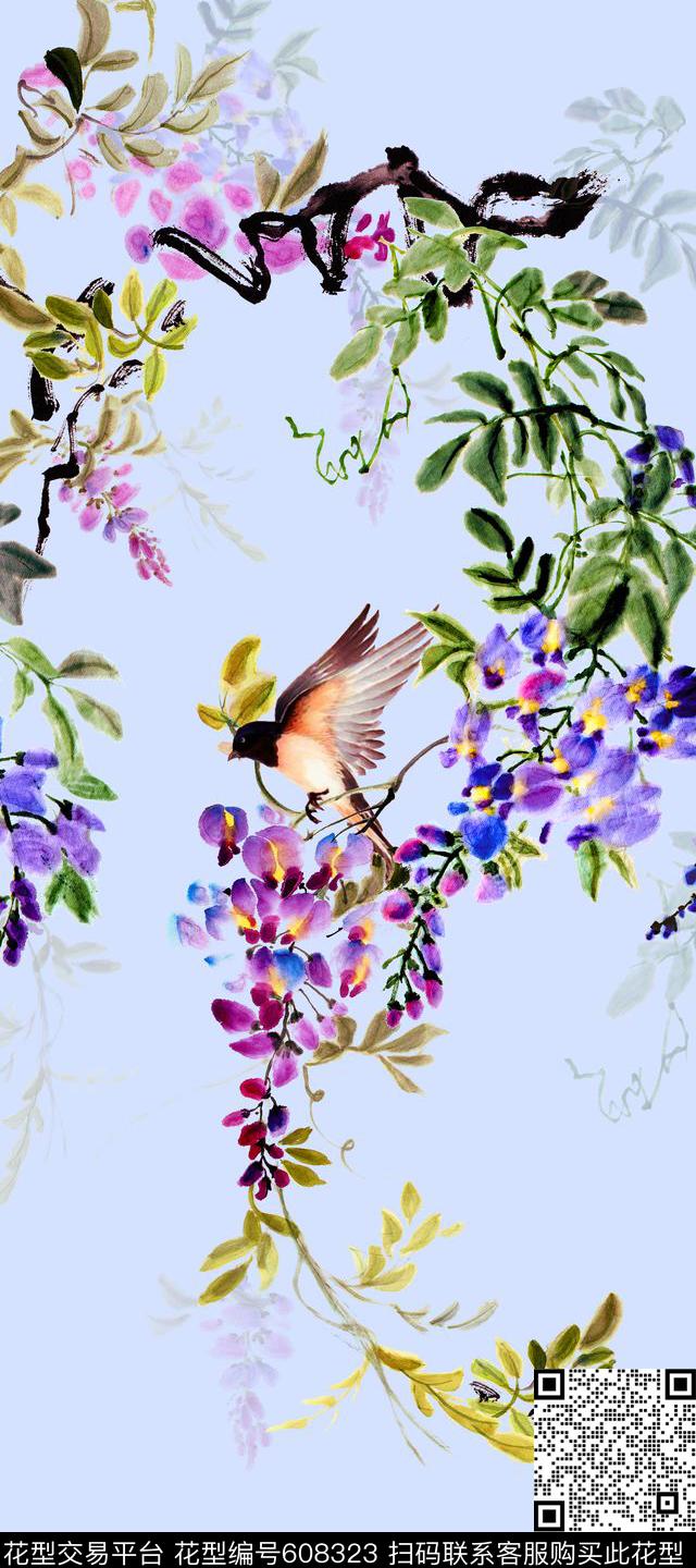 中国风水墨画花鸟画数码印花华亿平台下载（图片编号: 608323） - 瓦栏（Walan）