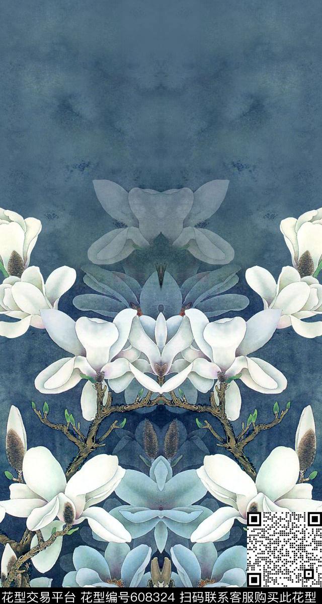 中国风玉兰工笔画数码印花华亿平台下载（图片编号: 608324） - 瓦栏（Walan）