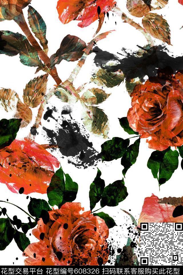 玫瑰喷墨手绘数码印花华亿平台下载（图片编号: 608326） - 瓦栏（Walan）