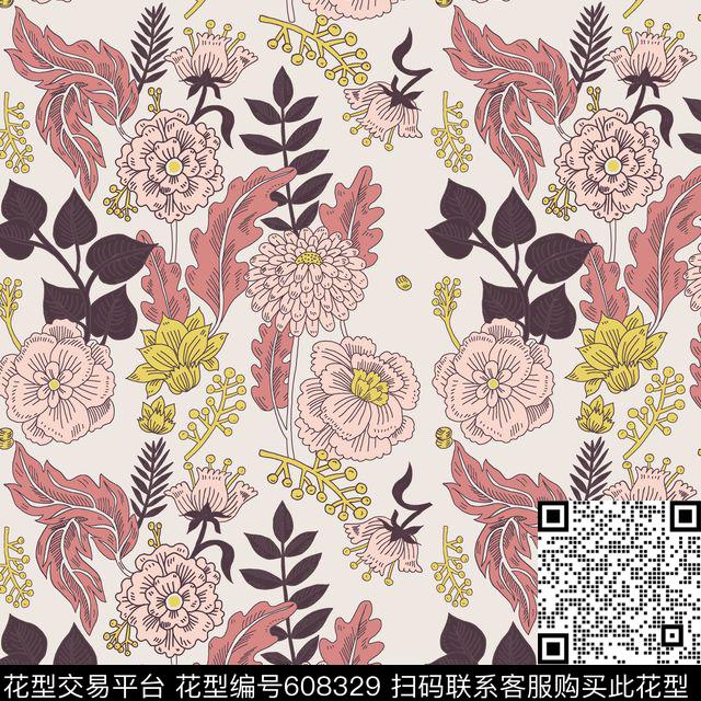 乱花大花花朵传统印花华亿平台下载（图片编号: 608329） - 瓦栏（Walan）
