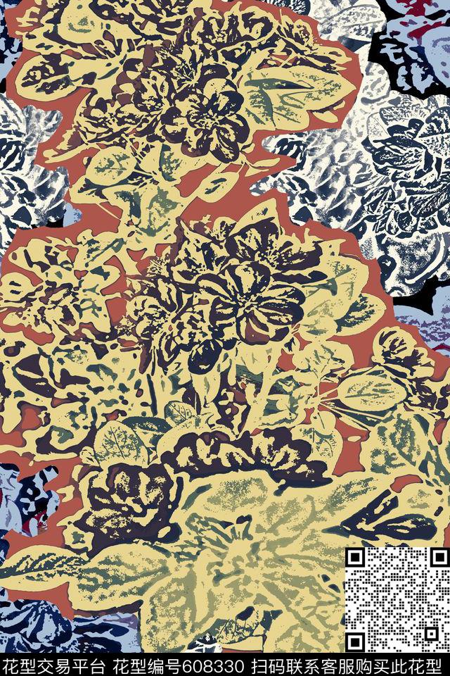 花卉海棠花抽象传统印花华亿平台下载（图片编号: 608330） - 瓦栏（Walan）