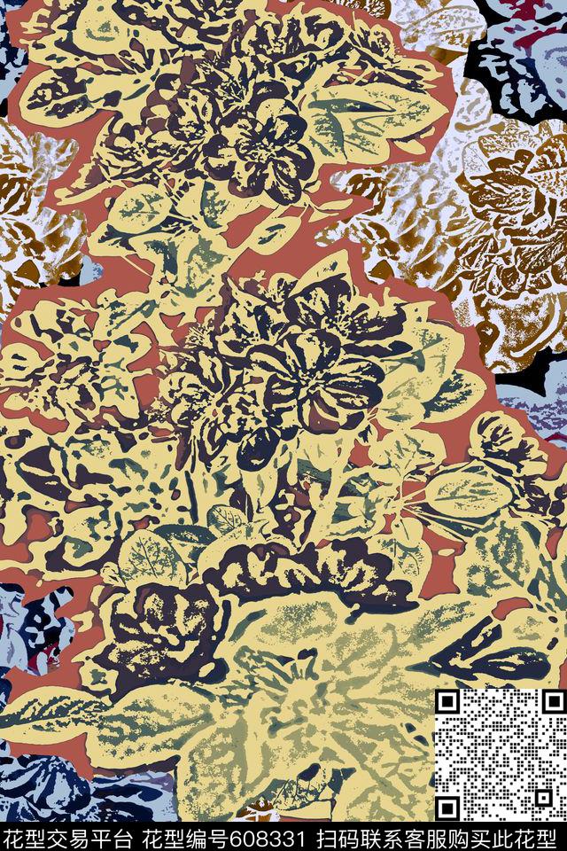 花卉海棠花抽象传统印花华亿平台下载（图片编号: 608331） - 瓦栏（Walan）