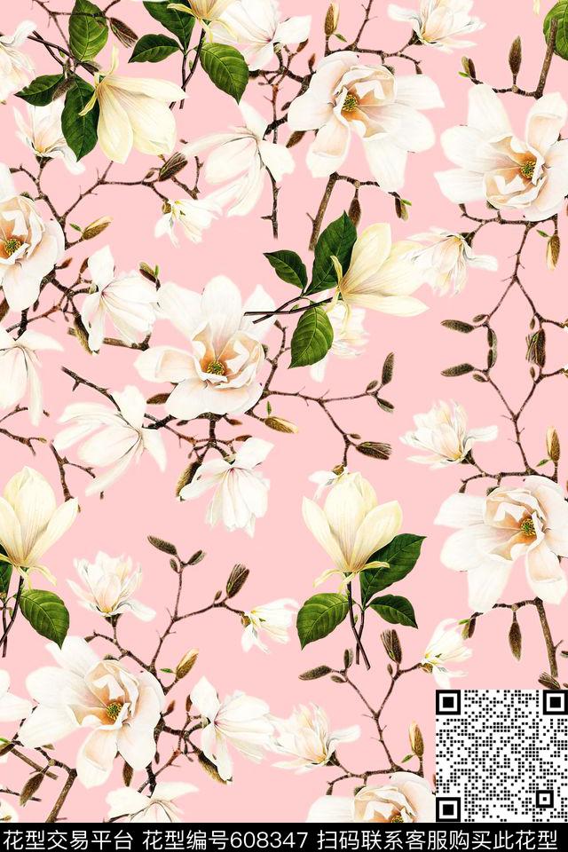 女装裙装玉兰花花卉数码印花华亿平台下载（图片编号: 608347） - 瓦栏（Walan）