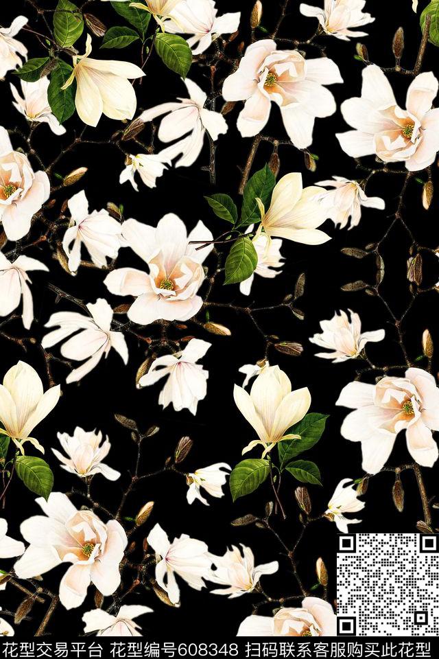 女装裙装玉兰花花卉数码印花华亿平台下载（图片编号: 608348） - 瓦栏（Walan）