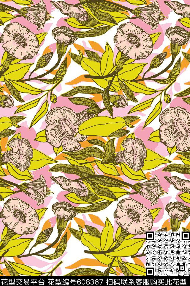 大花花朵花卉传统印花华亿平台下载（图片编号: 608367） - 瓦栏（Walan）