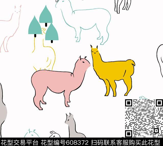 2017年女装新花卉趣味卡通手绘线条可爱草泥马动物华亿平台传统印花华亿平台下载（图片编号: 608372） - 瓦栏（Walan）