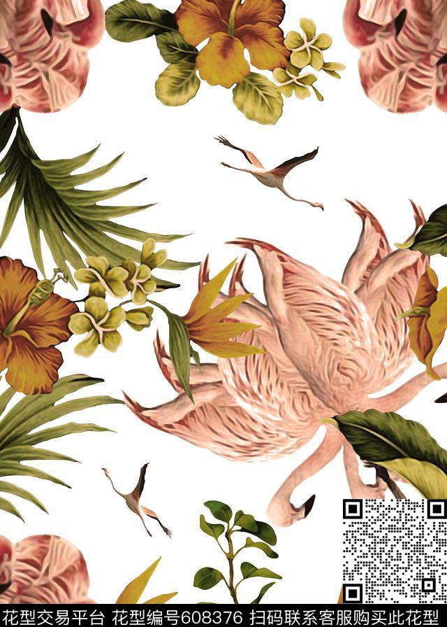 火烈鸟组合热带植物花鸟数码印花华亿平台下载（图片编号: 608376） - 瓦栏（Walan）
