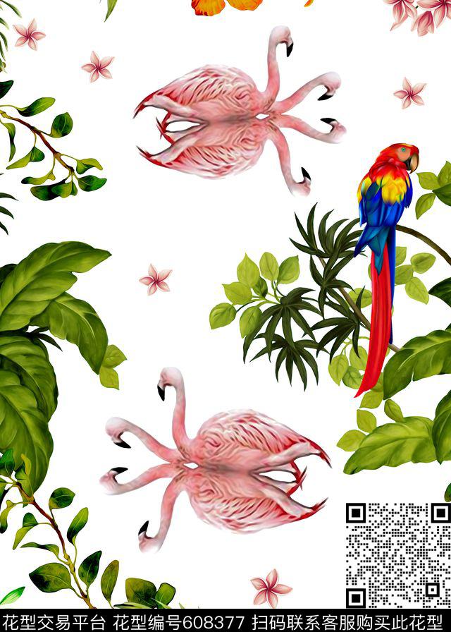 火烈鸟热带植物鹦鹉数码印花华亿平台下载（图片编号: 608377） - 瓦栏（Walan）
