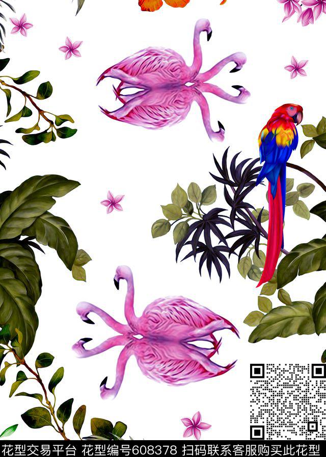 火烈鸟热带植物鹦鹉数码印花华亿平台下载（图片编号: 608378） - 瓦栏（Walan）