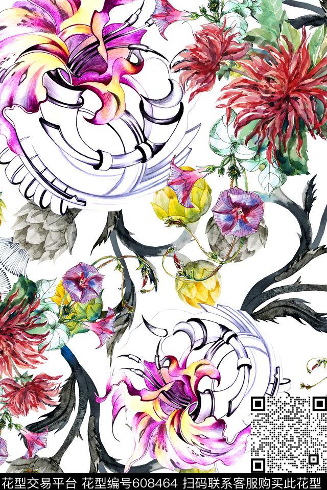 大花花卉黑白数码印花华亿平台下载（图片编号: 608464） - 瓦栏（Walan）