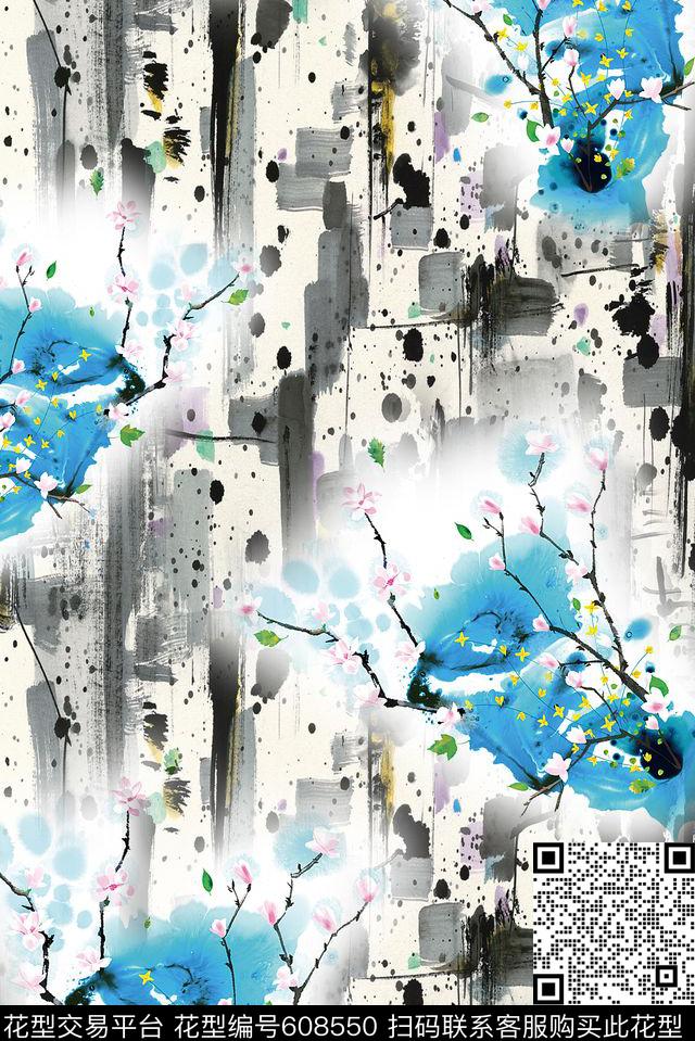 面料花中国风抽象水墨水彩花卉数码印花华亿平台下载（图片编号: 608550） - 瓦栏（Walan）