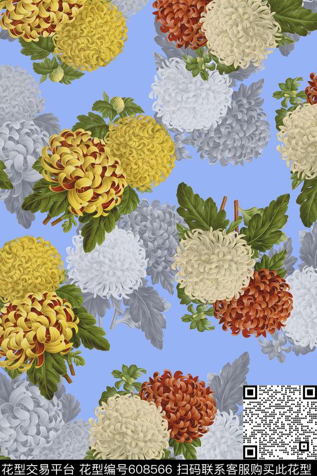 手绘水彩花卉女装数码印花华亿平台下载（图片编号: 608566） - 瓦栏（Walan）