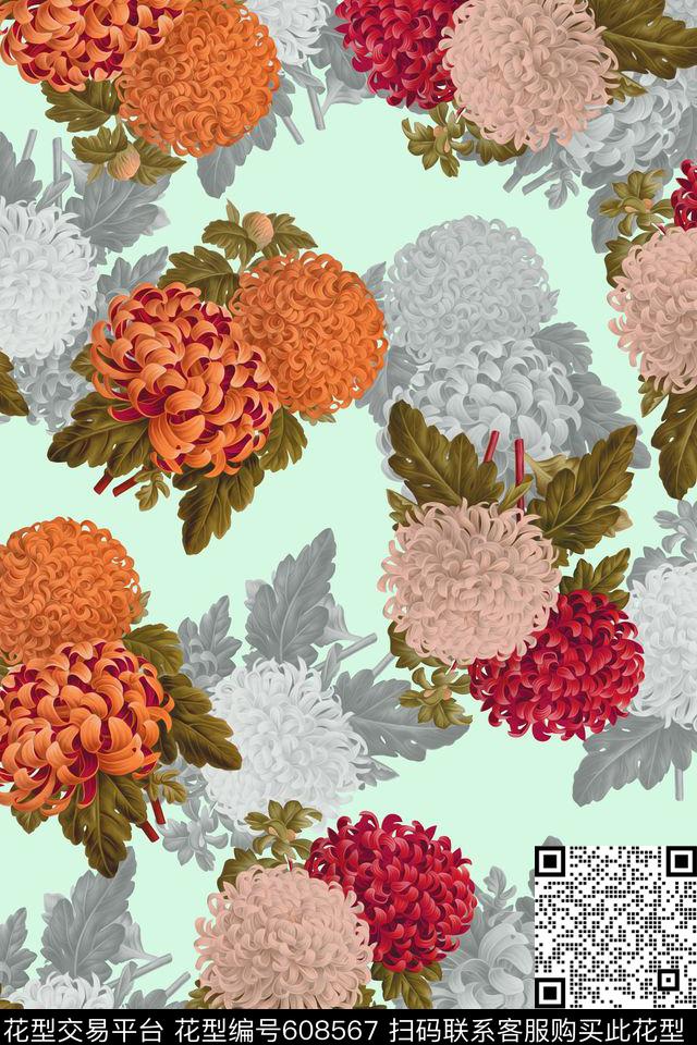 手绘水彩花卉女装数码印花华亿平台下载（图片编号: 608567） - 瓦栏（Walan）