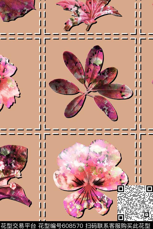 花卉、树叶、抽象叠加、虚线分割数码印花华亿平台下载（图片编号: 608570） - 瓦栏（Walan）