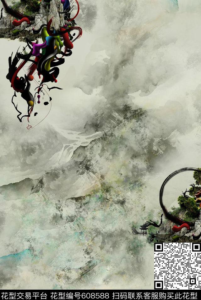 云纹肌理抽象山水数码印花华亿平台下载（图片编号: 608588） - 瓦栏（Walan）
