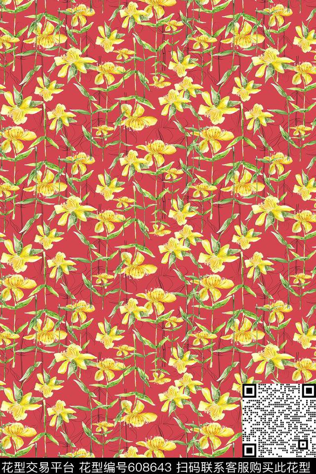 植物花卉手绘水彩多色简洁数码印花华亿平台下载（图片编号: 608643） - 瓦栏（Walan）