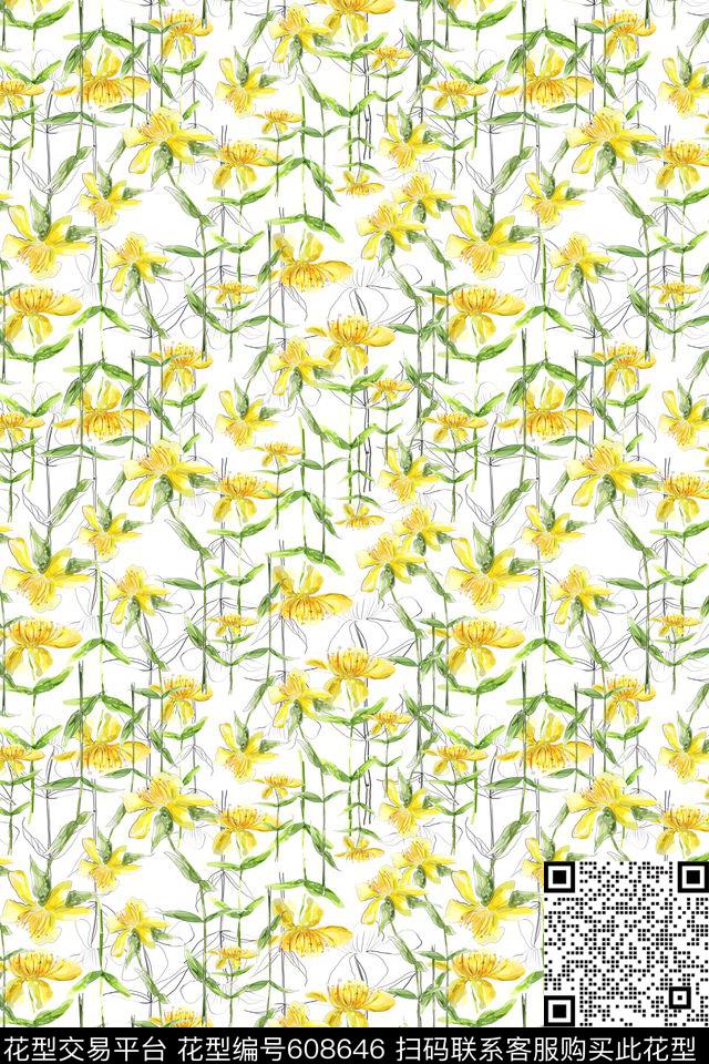 植物花卉手绘水彩多色简洁数码印花华亿平台下载（图片编号: 608646） - 瓦栏（Walan）