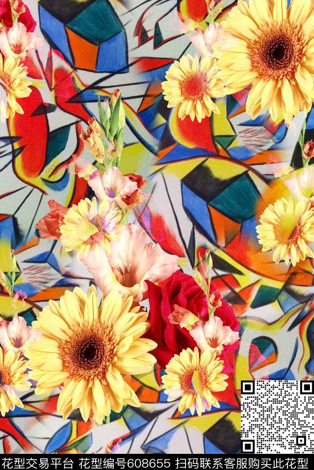 时尚女装印花花卉抽象几何手绘油画数码印花华亿平台下载（图片编号: 608655） - 瓦栏（Walan）