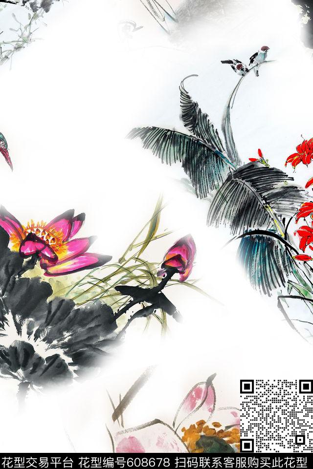 水墨花卉写意花草数码印花华亿平台下载（图片编号: 608678） - 瓦栏（Walan）