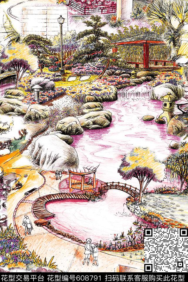 手绘风景景观数码印花华亿平台下载（图片编号: 608791） - 瓦栏（Walan）