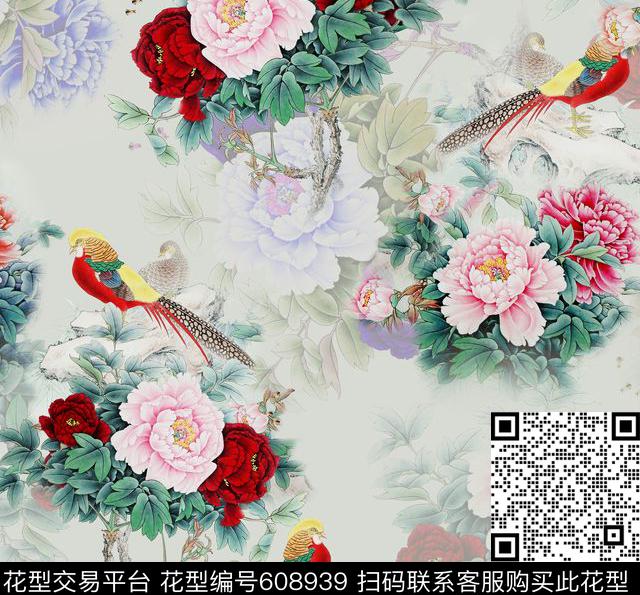 旗袍花卉鸟。满版花卉数码印花华亿平台下载（图片编号: 608939） - 瓦栏（Walan）