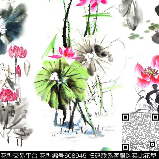 此华亿平台为1/2跳接。花卉水墨数码印花华亿平台下载（图片编号: 608945） - 瓦栏（Walan）