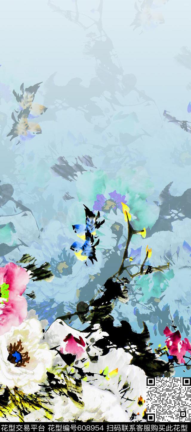 手绘旗袍花卉数码印花华亿平台下载（图片编号: 608954） - 瓦栏（Walan）