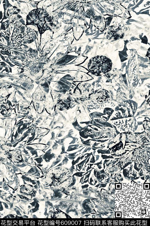 花卉乱花线条传统印花华亿平台下载（图片编号: 609007） - 瓦栏（Walan）