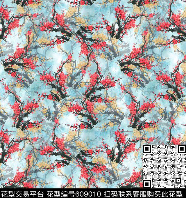 手绘梅花旗袍。数码印花华亿平台下载（图片编号: 609010） - 瓦栏（Walan）