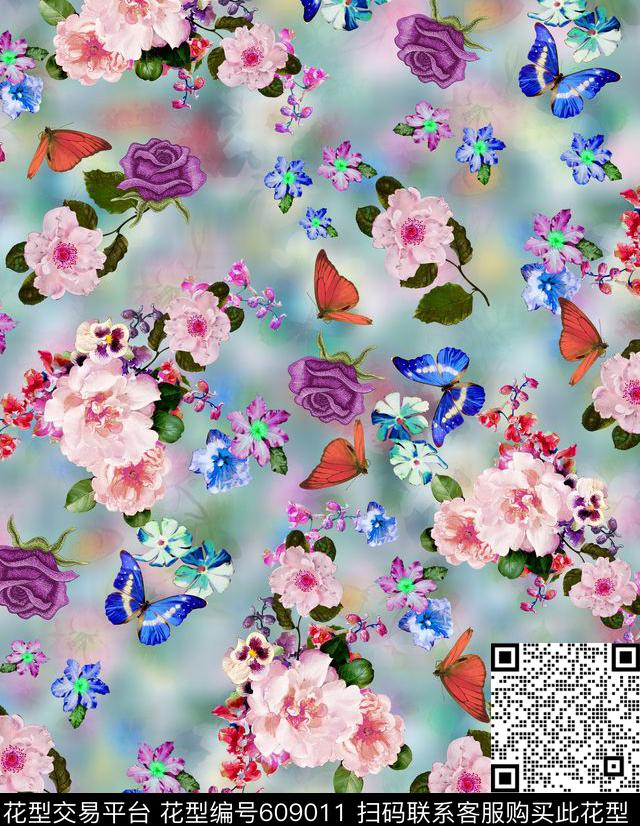 旗袍花卉蝴蝶。数码印花华亿平台下载（图片编号: 609011） - 瓦栏（Walan）