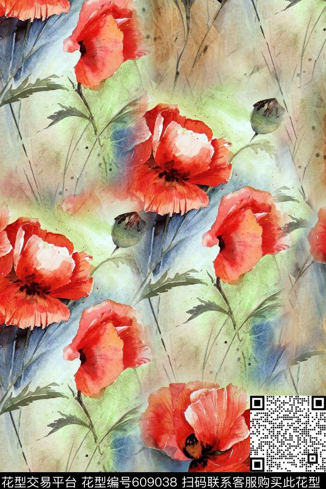 手绘花卉手绘油画裙子印花数码印花华亿平台下载（图片编号: 609038） - 瓦栏（Walan）