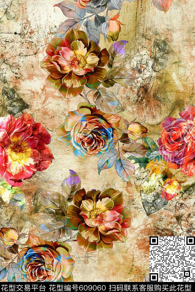 玫瑰手绘花抽象花卉数码印花华亿平台下载（图片编号: 609060） - 瓦栏（Walan）
