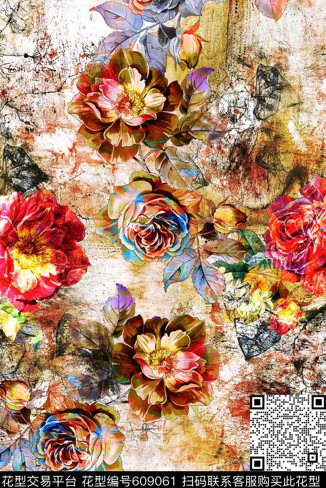 玫瑰手绘花抽象花卉数码印花华亿平台下载（图片编号: 609061） - 瓦栏（Walan）