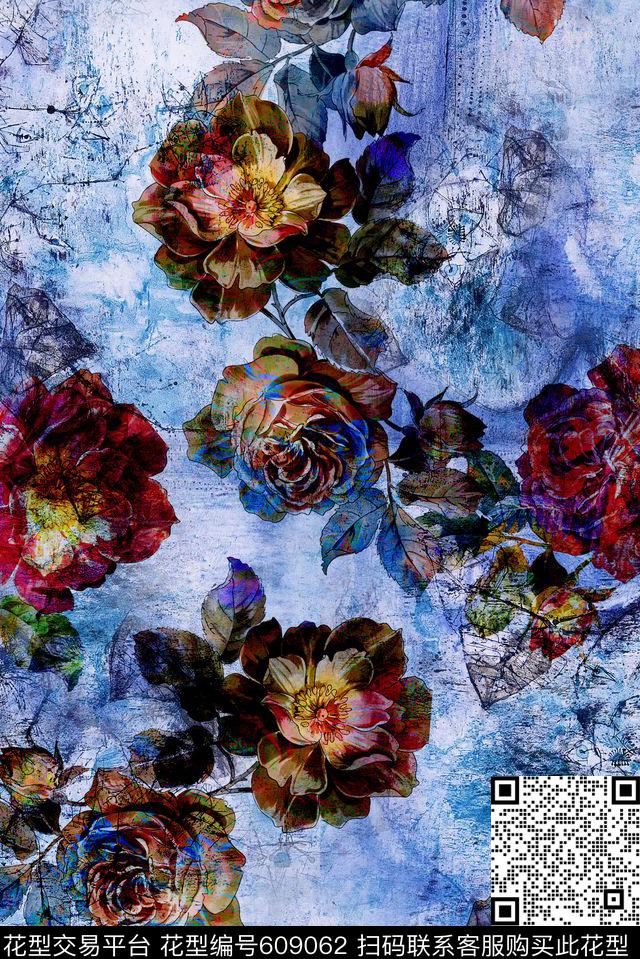 玫瑰手绘花抽象花卉数码印花华亿平台下载（图片编号: 609062） - 瓦栏（Walan）