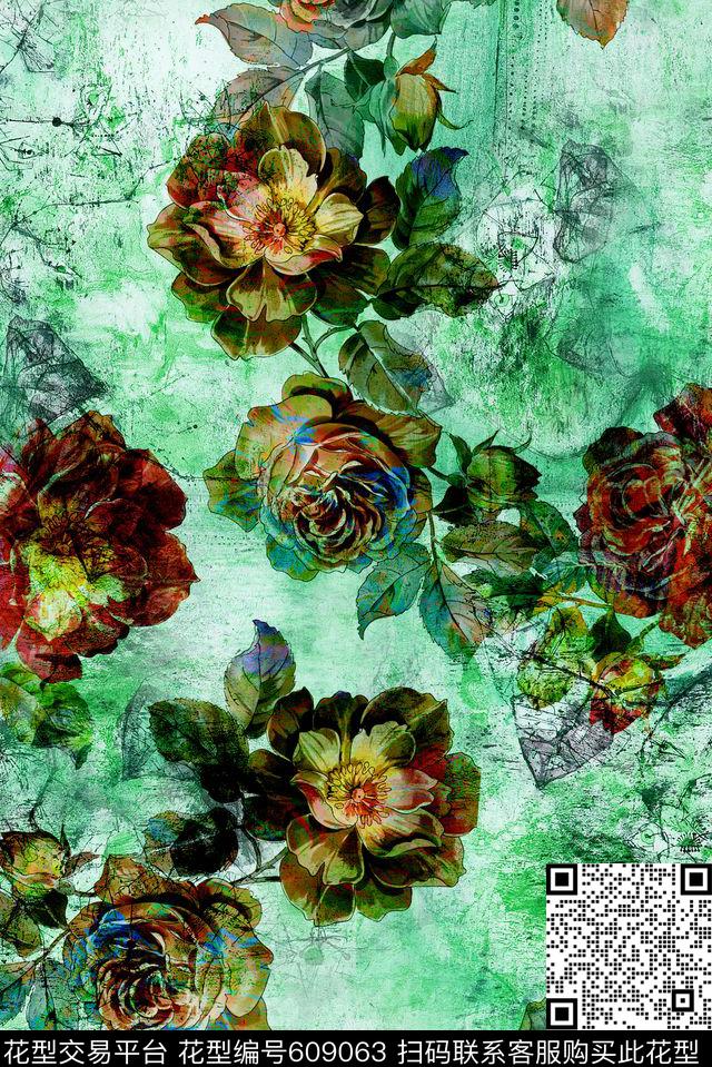 玫瑰手绘花抽象花卉数码印花华亿平台下载（图片编号: 609063） - 瓦栏（Walan）