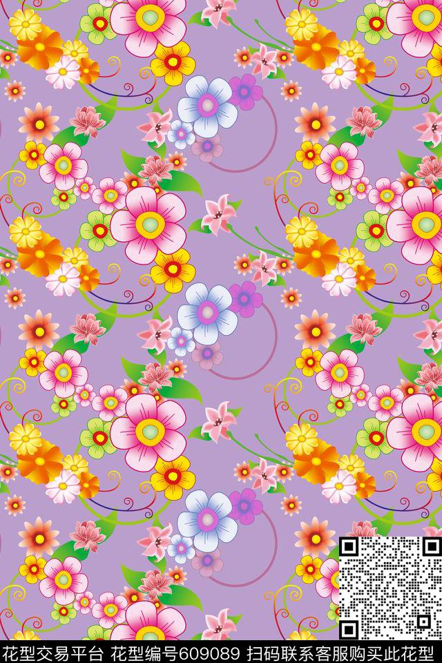 风格花卉多色植物花卉数码印花华亿平台下载（图片编号: 609089） - 瓦栏（Walan）