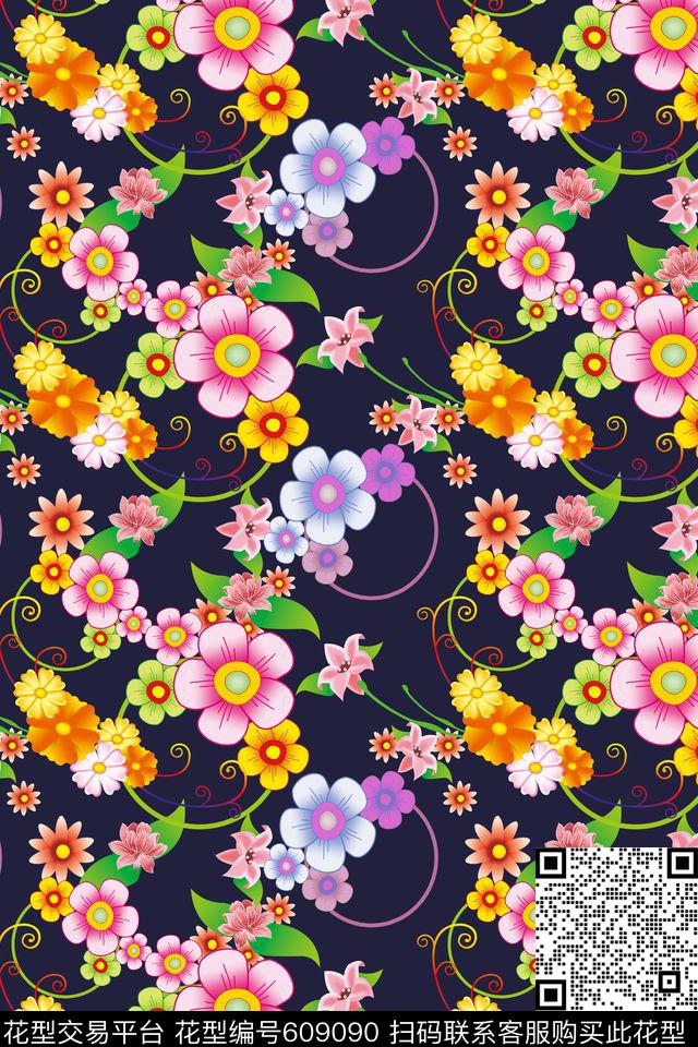 风格花卉多色植物花卉数码印花华亿平台下载（图片编号: 609090） - 瓦栏（Walan）