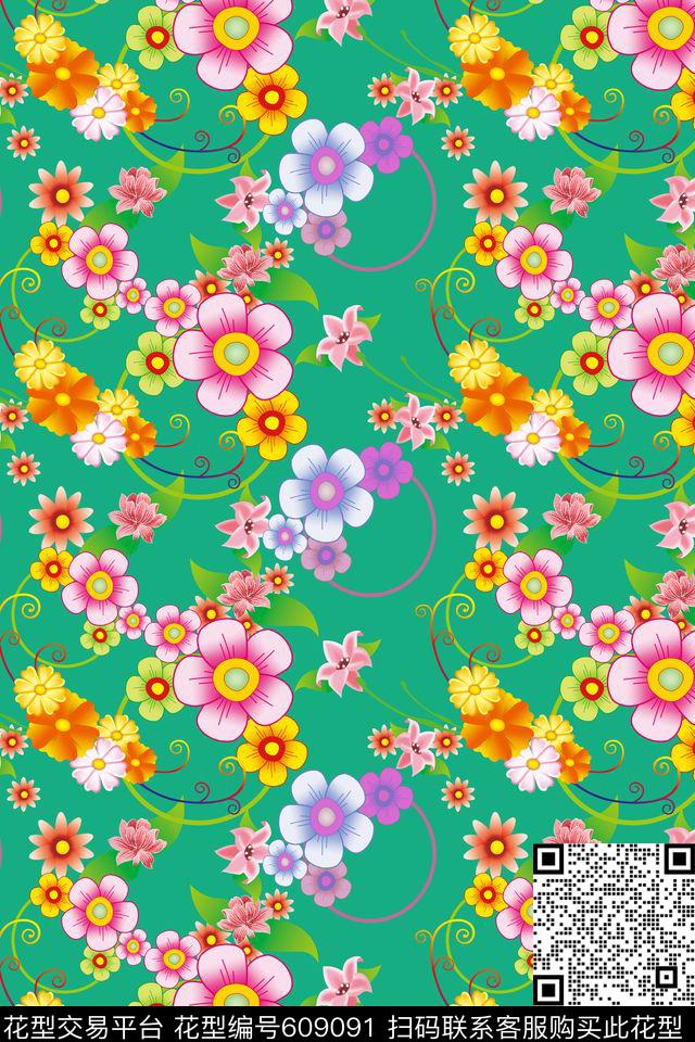 风格花卉多色植物花卉数码印花华亿平台下载（图片编号: 609091） - 瓦栏（Walan）