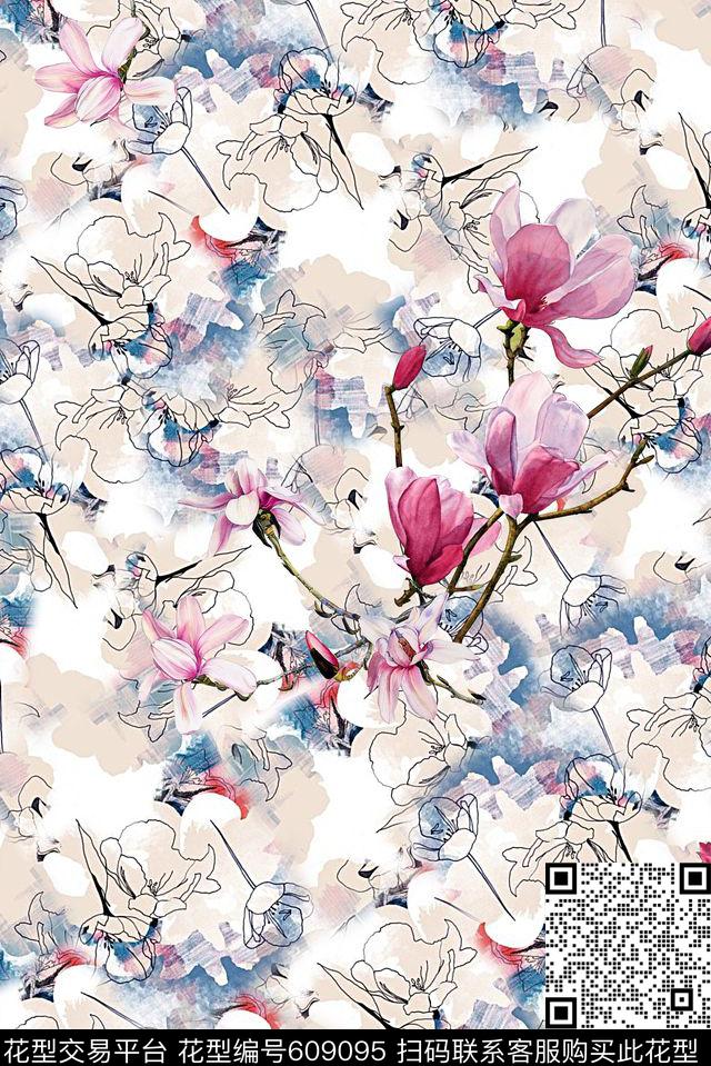 手绘水彩画中国风旗袍印花数码印花华亿平台下载（图片编号: 609095） - 瓦栏（Walan）