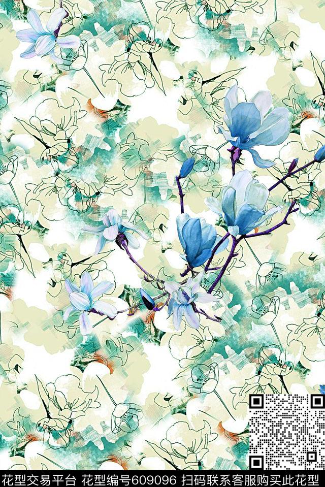 手绘水彩画中国风旗袍印花数码印花华亿平台下载（图片编号: 609096） - 瓦栏（Walan）