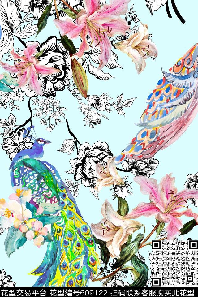 花卉孔雀黑白数码印花华亿平台下载（图片编号: 609122） - 瓦栏（Walan）