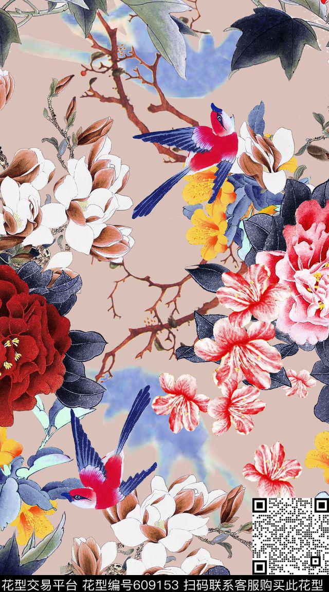 时尚花鸟中国风数码印花华亿平台下载（图片编号: 609153） - 瓦栏（Walan）