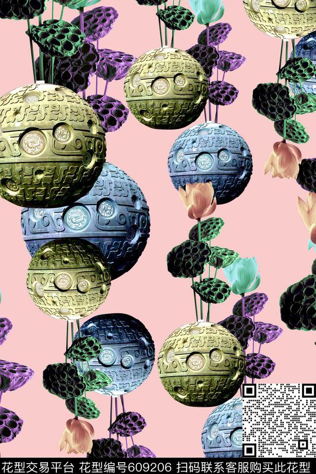 中国风荷花青铜数码印花华亿平台下载（图片编号: 609206） - 瓦栏（Walan）