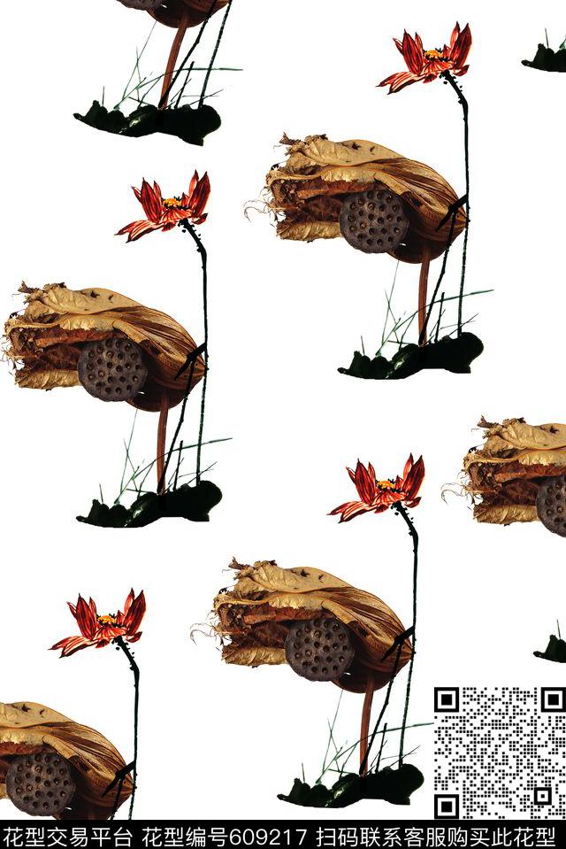 水彩水墨荷花数码印花华亿平台下载（图片编号: 609217） - 瓦栏（Walan）