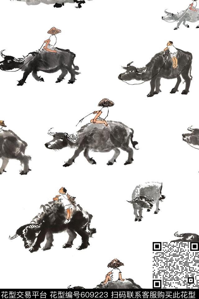牧童遥指杏花村放牛娃数码印花华亿平台下载（图片编号: 609223） - 瓦栏（Walan）