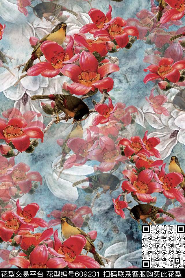 花鸟花朵花卉数码印花华亿平台下载（图片编号: 609231） - 瓦栏（Walan）