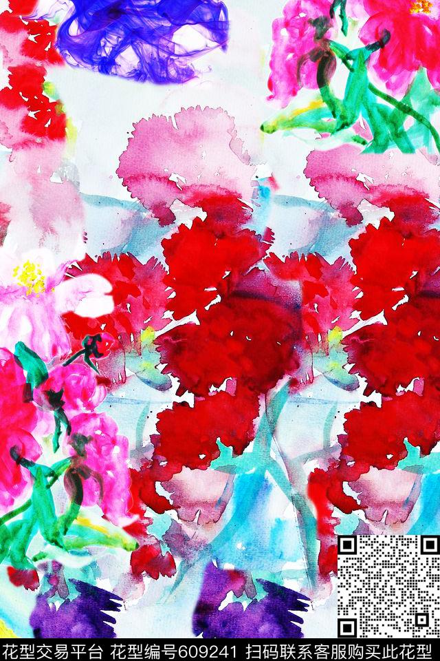 抽象女装裙装晕染花卉数码印花华亿平台下载（图片编号: 609241） - 瓦栏（Walan）