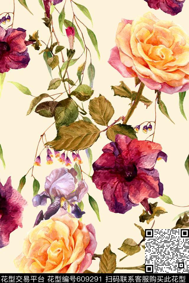 百合玉兰花花卉数码印花华亿平台下载（图片编号: 609291） - 瓦栏（Walan）